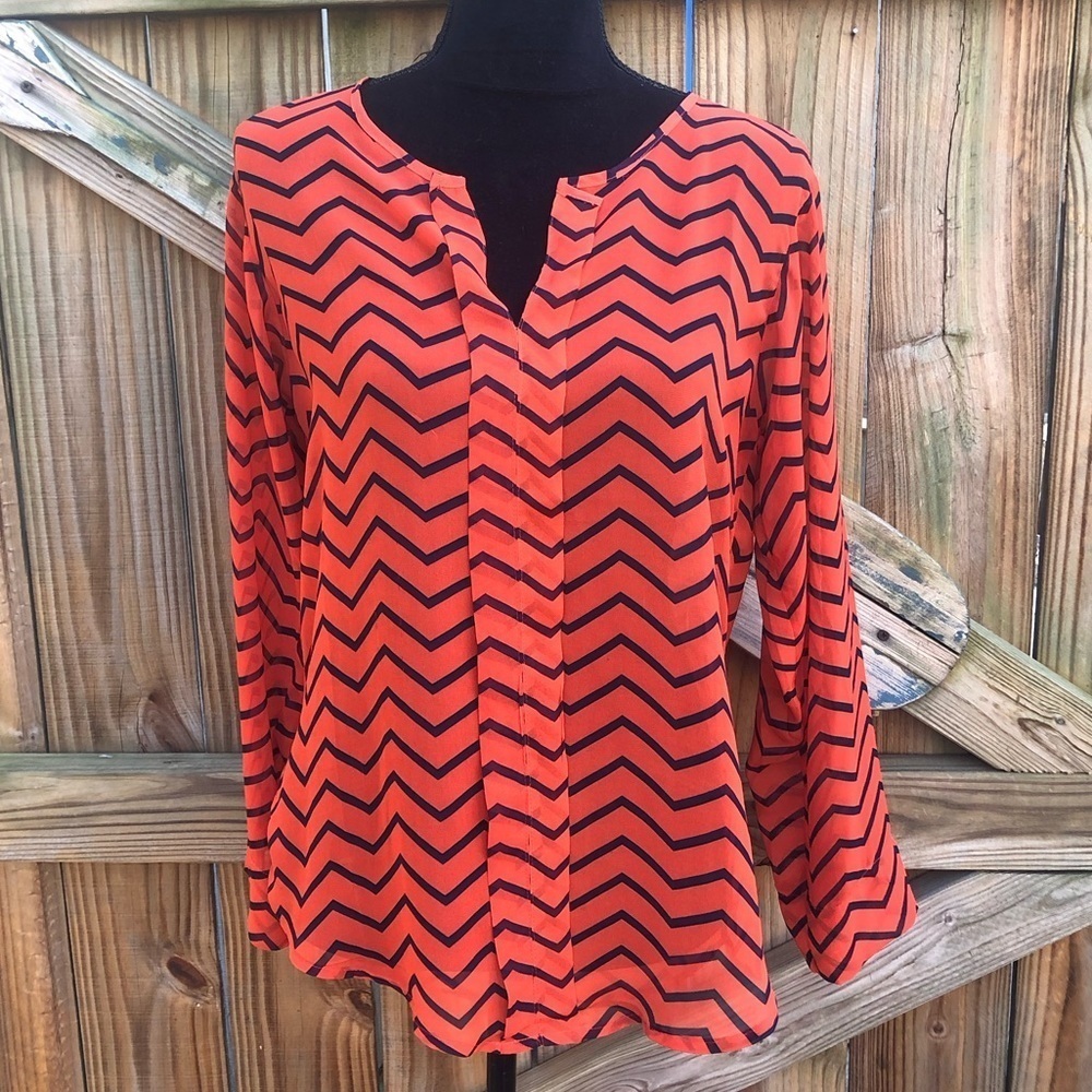 Emmelee Orange & Navy Chevron Pattern Semi Sheer Long Sleeve Blouse High Low Hem